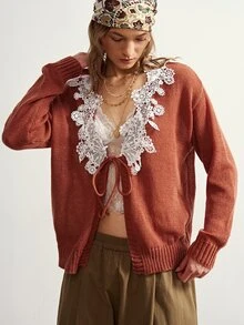 Bohemela Women's Lace Patchwork Casual Versatile Long Sleeve Sweater - Khaki - View 3