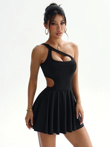 SHEIN Dewbera Women's Solid Color One-Shoulder Cutout Design Sleeveless Sports Dress - Black - View 3