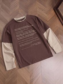 SWAVVY 男士針織時尚休閒青年款寬鬆長袖T恤，英文字印花拼接設計 - 咖啡棕 - 查看 1