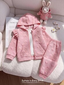 Cozy Pixies 女嬰女童心形層次感連帽短袖長袖夾克與鬆緊腰長褲2件套，適合秋冬，休閒時尚，百搭 - 粉色 - 查看 1