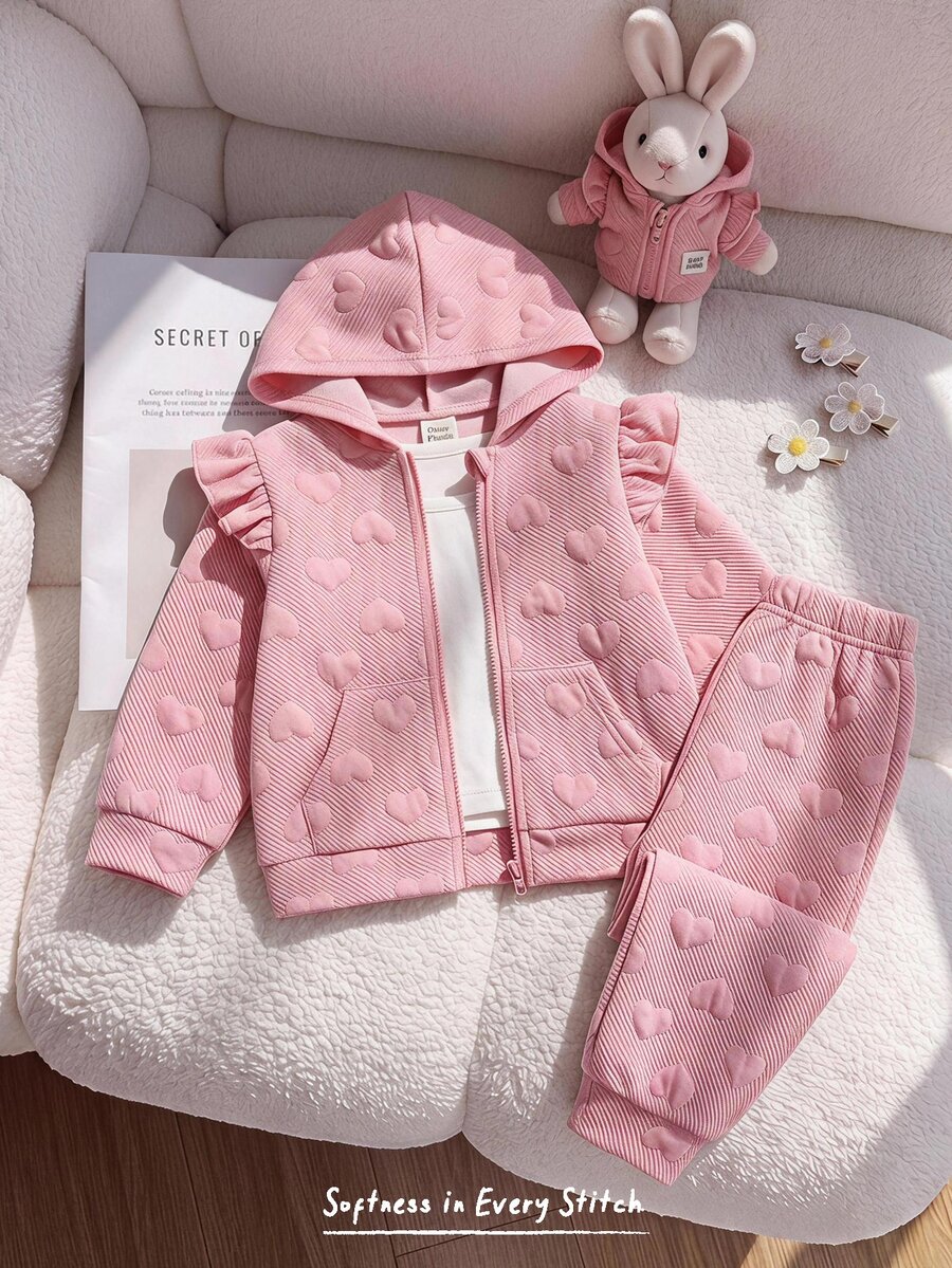 Cozy Pixies 女嬰女童心形層次感連帽短袖長袖夾克與鬆緊腰長褲2件套,適合秋冬,休閒時尚,百搭 - 粉色 - 查看 1
