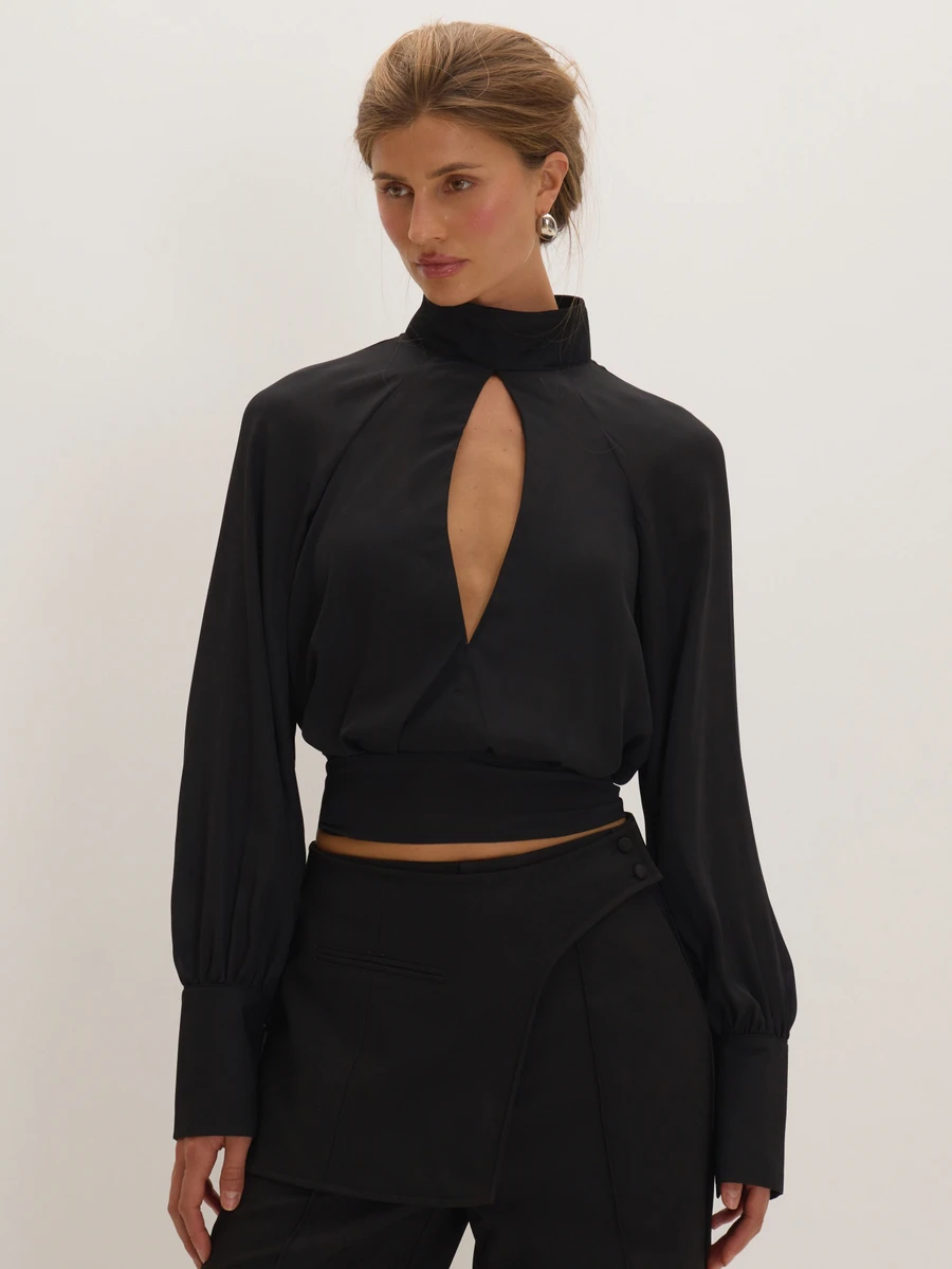 MUSEYN Black Chiffon Key Hole Detail Tie Long Sleeve Top Versatile Everyday Date Night Chic New Season Fall - Black - View 1