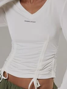 Musera Sport V Neck Ruched Tie Edges Long Sleeve Top Active Outdoors Workout Gym Terra Peak - White - View 6