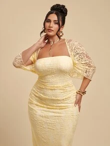 SHEIN BAE CURVE Plus Size Women's Yellow Lace Ruched Dress - Yellow - View 6