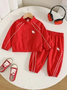 SHEIN 2件組男嬰秋冬休閒衛衣褲套裝，衛衣套裝，嬰兒套裝，秋冬套裝，運動套裝，紅色套裝 - 彩色 - 查看 1