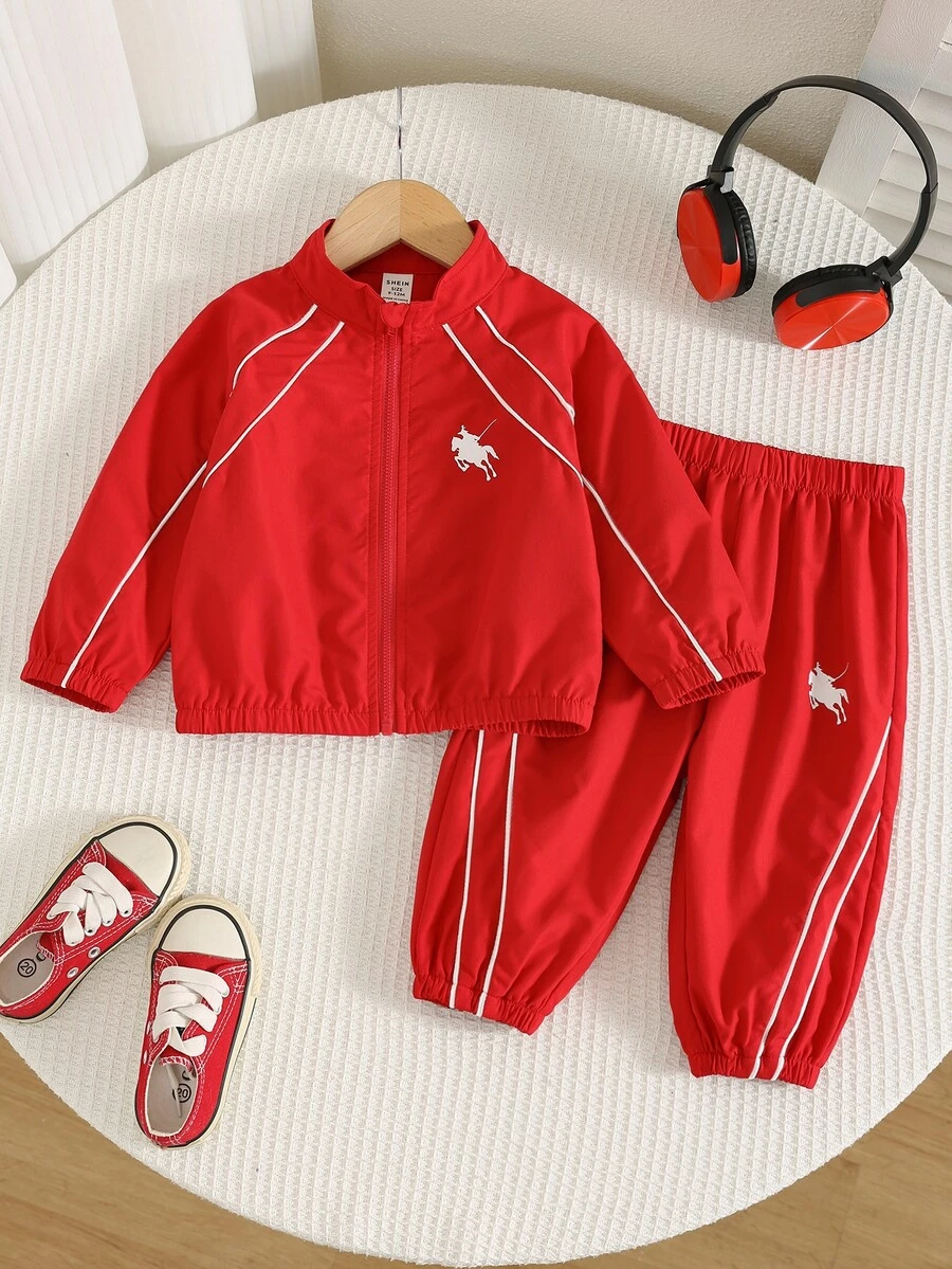 SHEIN 2件組男嬰秋冬休閒衛衣褲套裝,衛衣套裝,嬰兒套裝,秋冬套裝,運動套裝,紅色套裝 - 彩色 - 查看 1