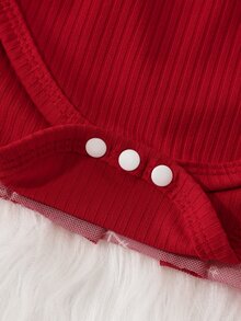SHEIN Playful Pals Infant Girl Burgundy Ruffle Trim Ribbed Stripe & Snowflake Mesh Patchwork Dress & Headband 2pcs Set - Burgundy - View 8