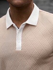 Manfinity CasualCool 男士拼色長袖 Polo 領襯衫，休閒時尚日常穿著、通勤，適合秋季、正式場合，白色長袖 Polo 衫，男士 Polo 衫，紋理提花面料，紋理 Polo，翻領 Polo，春秋男裝，淺色奢華成熟裝飾輕商務 - 杏色 - 查看 6