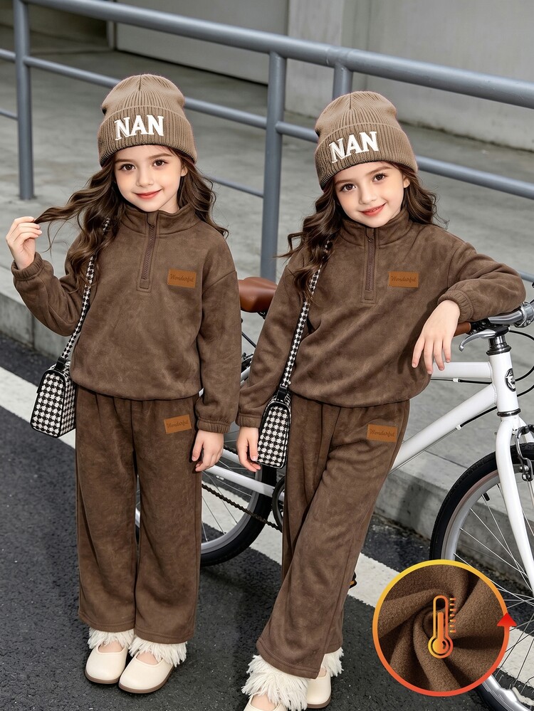 SHEIN Young Girl Vintage Wash Brown Half Zip Sweatshirt & Wide Leg Pants Outfits, Classy Thick Fleece Lined Set For Autumn Winter - Brown - View 3