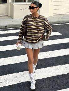 Muchica 大尺碼女款棕色秋季休閒校園風藍棕條紋運動可愛甜美長袖T恤，復古圖案Y2K軟妹風上衣 - 彩色 - 查看 5