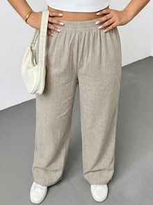 SHEIN Essnce Plus Size Women Solid Color Casual Versatile Daily Wear Long Pants - Khaki - View 5