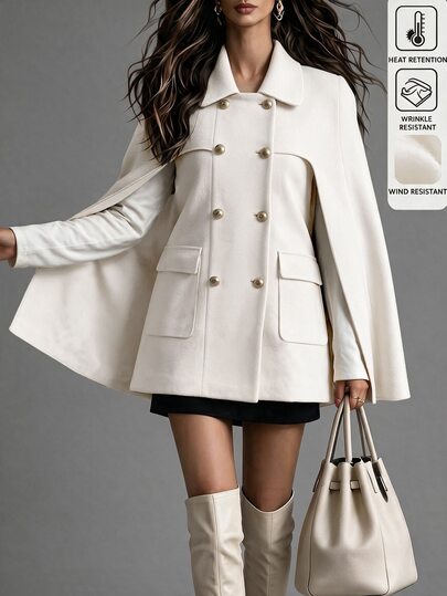 LUMIGAL Abrigo de capa de lujo de talla grande para mujer, color blanco sólido, botones dorados de doble botonadura, cuello de solapa, color albaricoque claro, estilo elegante de alta gama para ir al trabajo, estilo de chica rica, abrigo vintage para citas, fiestas, vacaciones, otoño/invierno, nueva llegada