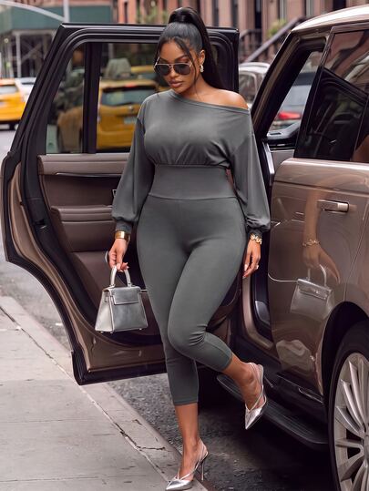 Poshavie Poshavie Plus Size OffShoulder Long Sleeve Jumpsuit, Elegant Casual High Waist Skinny Capri Jumpsuit For Women Daily Wear