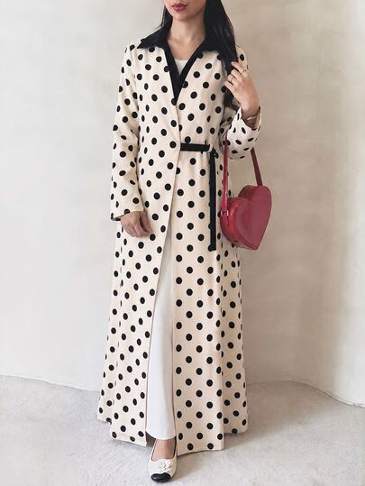 Al Najma Women's Spring/Autumn Vintage Polka Dot 2 In 1 Shirt Collar Trench Coat, Long Tie Cinched Waist Elegant Over-The-Knee Outerwear Robe Polka Dot Fall/W