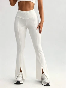 Eassivo Women's Solid Color Elastic Waist Split Hem Leggings - Apricot - View 5
