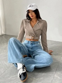 SHEIN EZwear 女款缺口領鈕扣前襟長袖短款風衣，適合秋冬日常休閒穿著 - 卡其色 - 查看 4