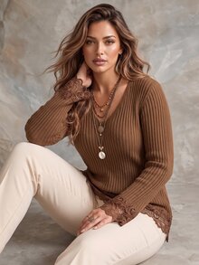 Ceyna Plus Size Solid Color Vertical Rib V-Neck Knit Top, Women's Long Sleeve Floral Lace Cuff Hem Fitted Casual Elegant Sweater, Fall Thanksgiving - Brown - View 6
