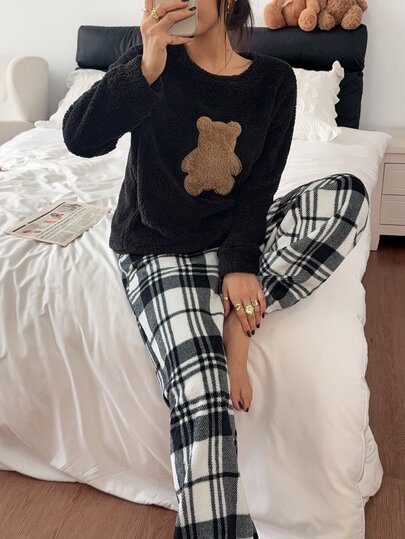 Napfluff 2pcs/Set Minimalist Bear Long Sleeve Top & Plaid Pants Pajamas Homewear