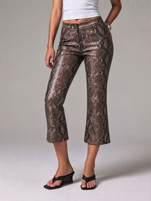 Athîral Women's Slim Fit Brown Checkered Capri Pants,PU Finish,Low Rise,Flared Hem,Snake Print,Summer,90s Revival Freaky,Punk Street,Daily Everyday Night - Khaki - View 5