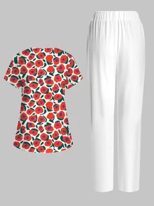 PopScrub Vintage Brushstroke Abstract Colorblock Red & Purple Floral Print Scrub Uniform Set, Women's Fashion V-Neck Short Sleeve Pocket With Ear Loop & Side Slit Design Workwear Top And Beige Straight Leg Pants 2 Pieces Set, Suitable For Hospital And Various Institutions - Multicolor - View 2