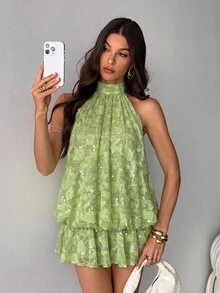 SHEIN Tall Spring/Summer Solid Color Sequin Cold Shoulder Women's Mini Dress - Green - View 8