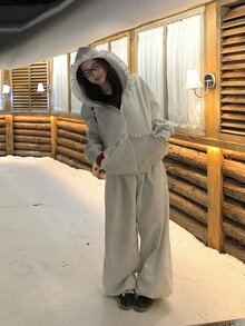 DAZY Women's Spring/Autumn Solid Color Patchwork Frill Trim Zipper Hooded Sweatshirt And Long Pants Casual 2 Pieces Set - Light Grey - View 1