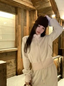 DAZY Women's Korean Style Solid Color Long Sleeve Jacket & Long Pants 2 Pieces Set, Spring/Autumn - White - View 6