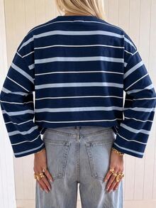 SHEIN EZwear 海外長袖淺藍色與海軍藍條紋襯衫，秋季上衣，適合日常通勤、聚會、秋冬春夏、聖誕節、新年、感恩節、派對、婚禮、海灘、畢業典禮、優雅、外出、約會、通勤、情人節、優雅、度假、Y2K、畢業典禮等場合 - 彩色 - 查看 2
