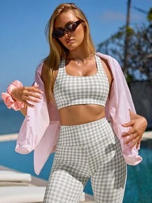 Fluxe Plaid Tank Top And Fitted Leggings Sports Set - Green - View 1