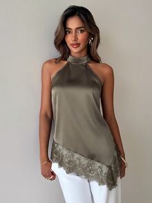 Aloruh Women's Sexy Lace Patchwork Asymmetrical Hem Blouse - Mocha Brown - View 5