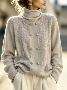 Penseblé Women's Long Sleeve Double-Breasted Cable Knit Casual 2 In 1 Sweater - Grey - View 4