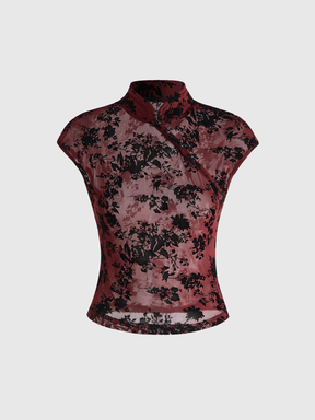ROMWE Avant Summer Outfits New Chinese Style Plant Flocked Sheer Mesh Top With Cheongsam Collar