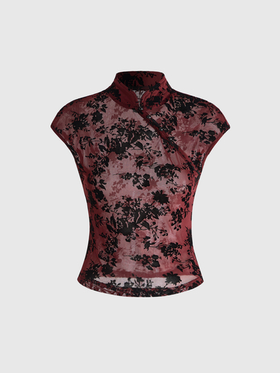 ROMWE Avant Sommer-Outfit im neuen chinesischen Stil, transparentes Mesh-Top mit Pflanzenflockung und Cheongsam-Kragen