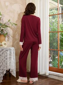 Côtesoire French Elegant Contrast Color Peter Pan Collar Ribbed Knit Long Sleeve Women's Pajama Set - Burgundy - View 2