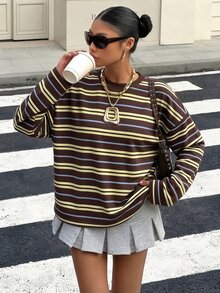 Muchica 大尺碼女款棕色秋季休閒校園風藍棕條紋運動可愛甜美長袖T恤，復古圖案Y2K軟妹風上衣 - 彩色 - 查看 4