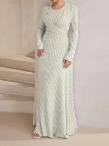 Graceveil French Style Cinched Waist Ribbon Knit Dress, Slimming Round Neck Vertical Striped Draped Floor-Length Dress - Grey - View 4