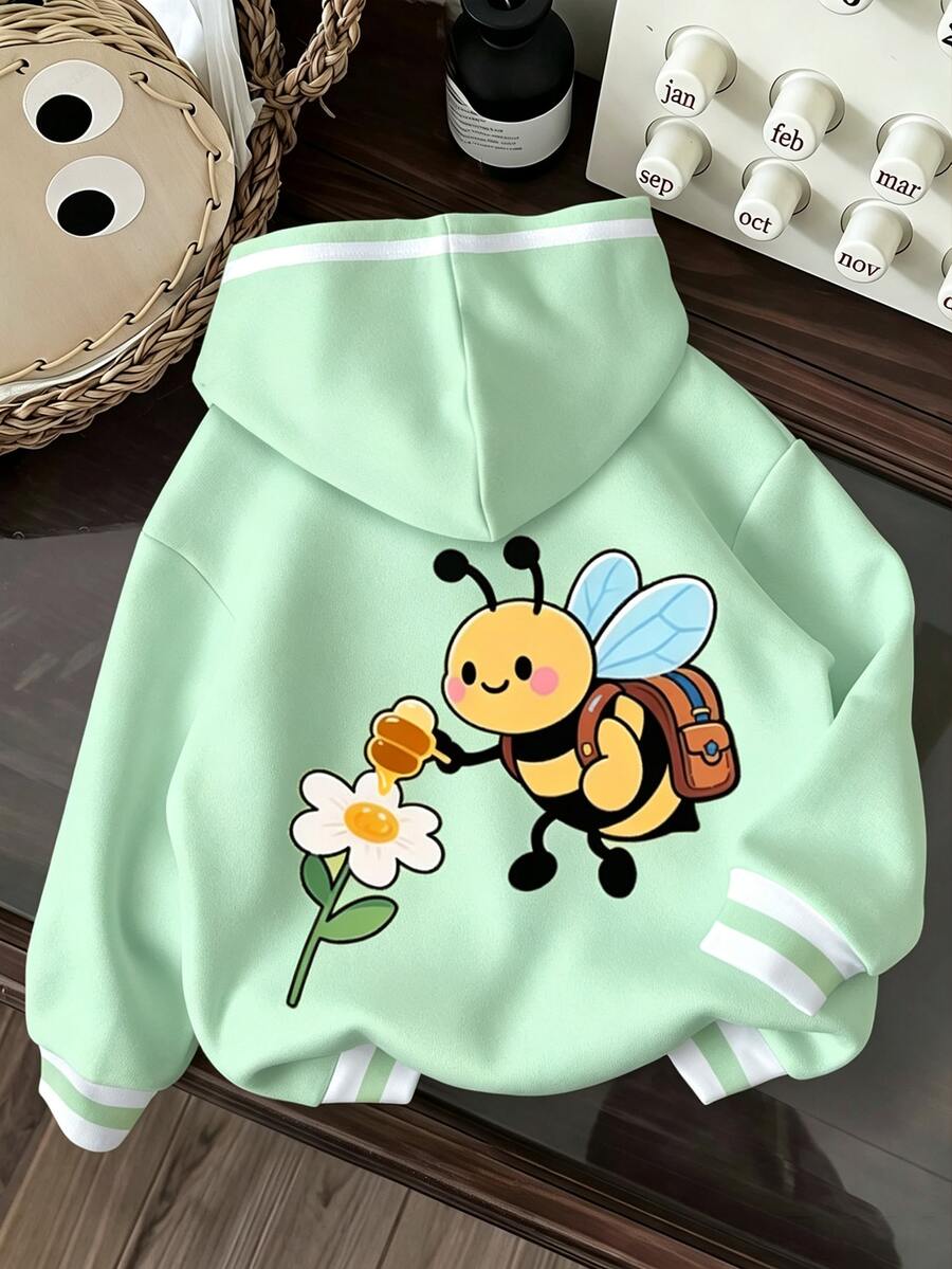 少女休閒極簡可愛蜜蜂圖案,甜美奶油風,青色,厚實柔軟舒適連帽衛衣,適合秋冬 Y2K,舒適秋冬風格,復古,卡哇伊 - 彩色 - 查看 1