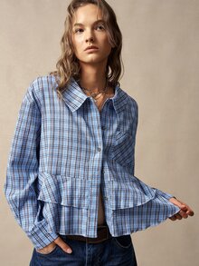 Bohemela Women's Plaid Long Sleeve Single-Breasted Pocket Ruffle Hem Casual Shirt - Blue - View 5