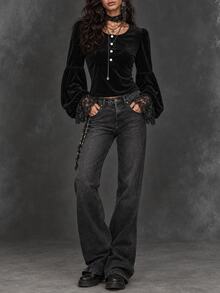 LUMIGAL Women's Black Velvet Contrast Lace Trim Blouse - Black - View 4
