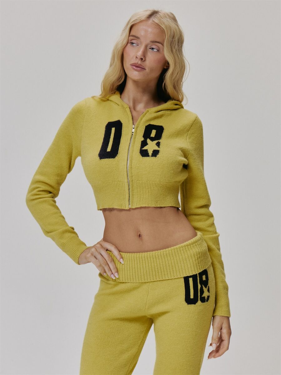 MUSERA Graphic Knitted Zip Through Cropped Hoodie Cute Daily Vintage Y2K Back To School Primary - Yellow - View 1