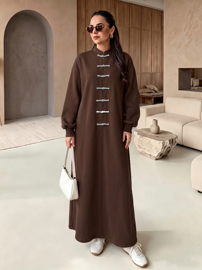 Mulvari Women's Brown New Chinese Style Frog Button Stand Collar Knit Sweatshirt Straight Loose Long Sweatshirt Dress Napoleon Fall/Winter