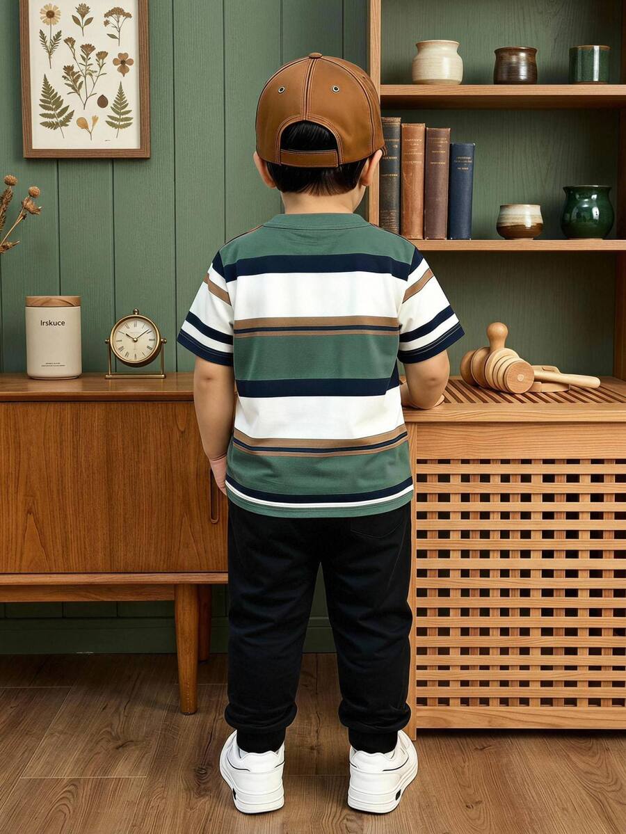 Baby Boys Loose Casual Minimalist Comfortable Striped Short Sleeve T-Shirt And Pants 2 Pieces Set, Suitable For Spring And Summer - Multicolor - View 1