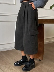 DAZY Women's Casual Loose 7/8 Length Wool Trousers - Dark Grey - View 2