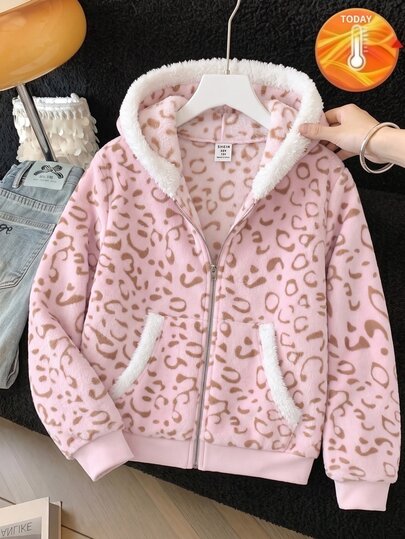 SHEIN Tween Girl Tween Girls Autumn/Winter Casual Street Fashion Sweet Cool Double-Sided Flannel Leopard Print Colorblock Patchwork Hooded Zip-Up Pocket Thickened Sweatshirt Jacket, Suitable For Back To School And Daily Wear
