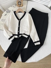SHEIN Setelan 2 Potong untuk Anak Perempuan Remaja: Cardigan Patchwork dengan Hem dan Kancing Depan, Lengan Panjang, Sweater Kasual & Celana. - Hitam dan Putih - View 4