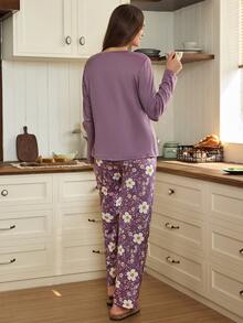 Doze Lane Comfortable V-Neck Printed Pocket Long Sleeve Pajama Set, Casual Home 2 Pieces Set - Purple - View 2