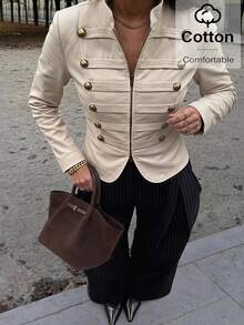Lavishia Women's Elegant Cotton Double-Breasted Zipper Long Sleeve Jacket,Khaki Zipper Front Napoleon/Military Style Jacket, Outing, Country Concert Attire - Khaki - View 1