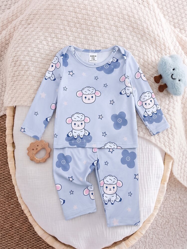 SHEIN Newborn Baby Cartoon Pattern Long Sleeve Top And Pants Casual Daily Home Sleepwear Set - Blue - View 5