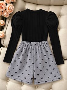 SHEIN 少女蓬蓬長袖花朵上衣與蝴蝶結印花短褲兩件套 - 彩色 - 查看 2