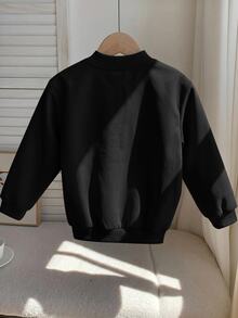 SHEIN 男童燈芯絨抓絨內裡拉鍊棒球夾克加厚外套，超高CP值，適合通勤、上學、日常休閒、大學、旅行、運動，秋冬款 - 黑色 - 查看 4